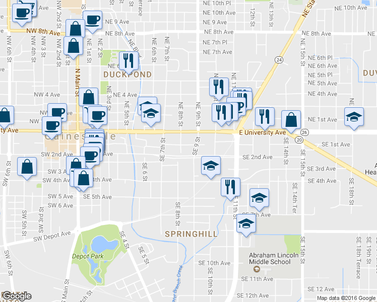 map of restaurants, bars, coffee shops, grocery stores, and more near 826 Southeast 2nd Avenue in Gainesville