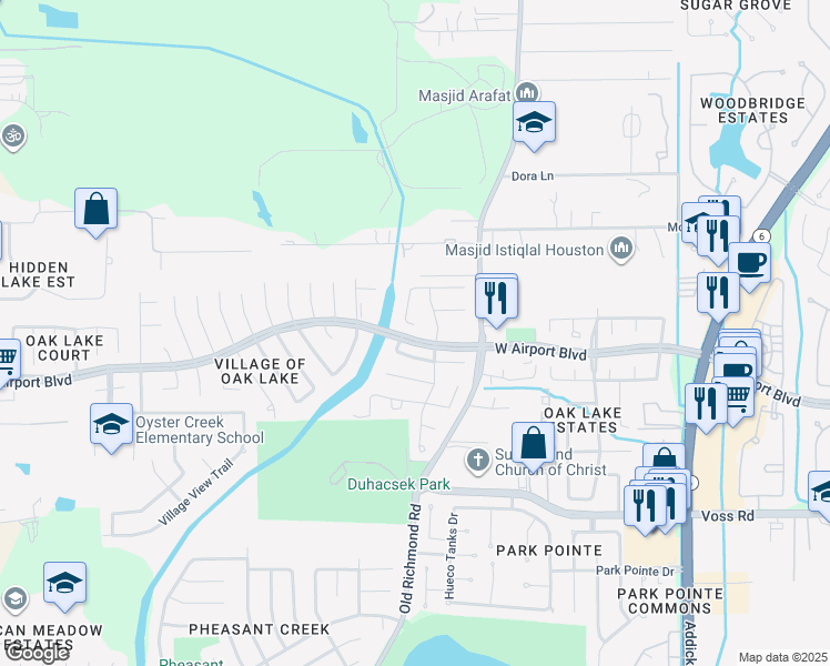 map of restaurants, bars, coffee shops, grocery stores, and more near 16638 Broadoak Grove Lane in Sugar Land