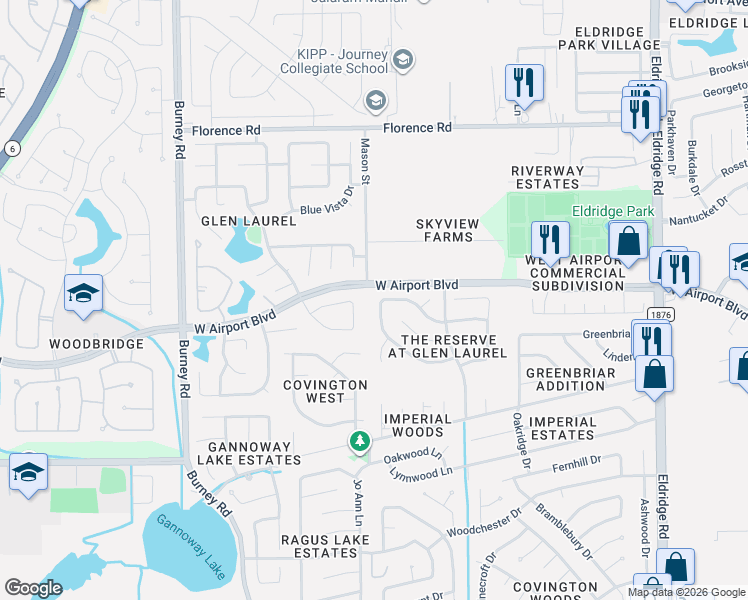 map of restaurants, bars, coffee shops, grocery stores, and more near 14035 Abbey Lane in Sugar Land