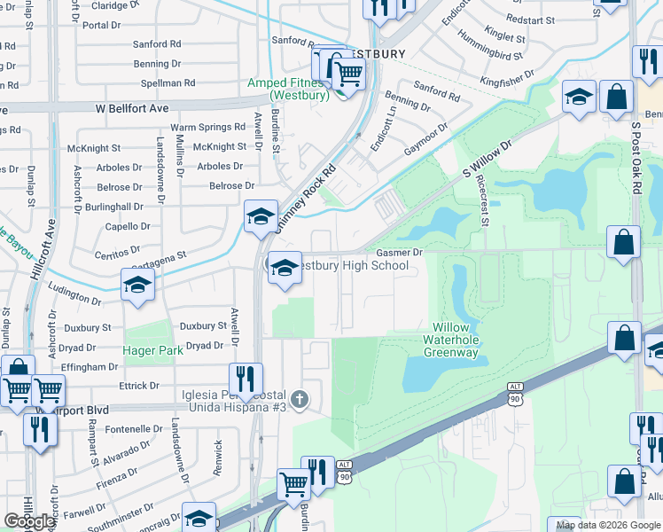 map of restaurants, bars, coffee shops, grocery stores, and more near 5565 Gasmer Drive in Houston