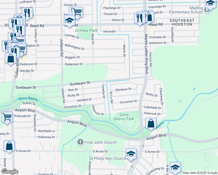 map of restaurants, bars, coffee shops, grocery stores, and more near 5503 Elmlawn Drive in Houston
