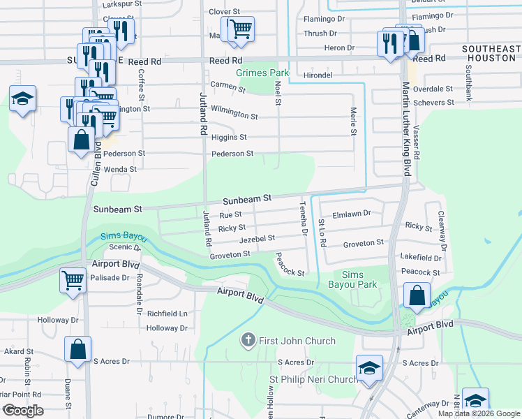map of restaurants, bars, coffee shops, grocery stores, and more near 5229 Rue Street in Houston