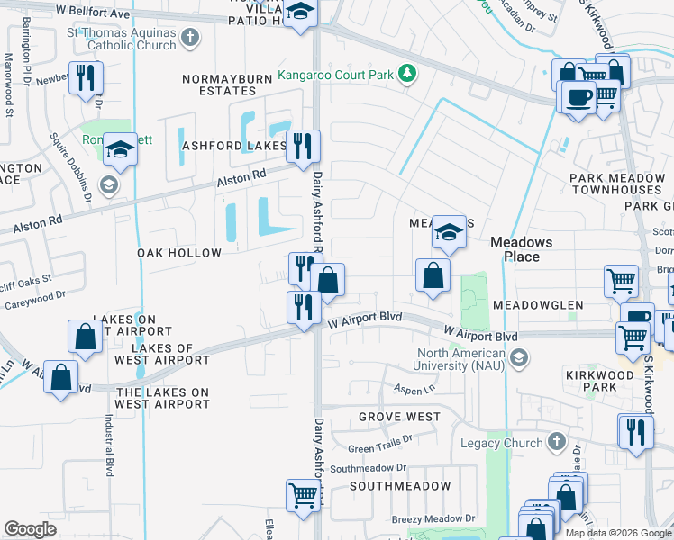 map of restaurants, bars, coffee shops, grocery stores, and more near 12322 Brighton Lane in Stafford
