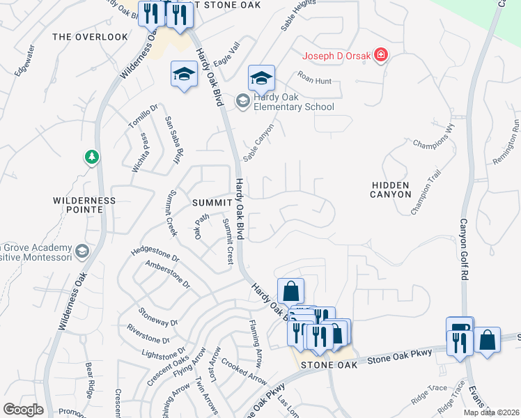 map of restaurants, bars, coffee shops, grocery stores, and more near 215 Verde Ridge in San Antonio