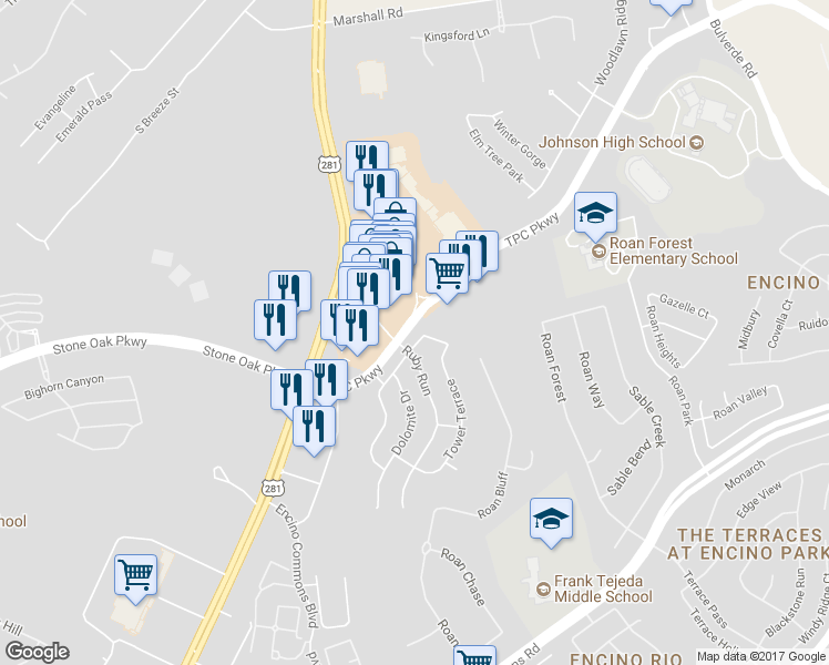 map of restaurants, bars, coffee shops, grocery stores, and more near 22215 Diamond Chase in San Antonio