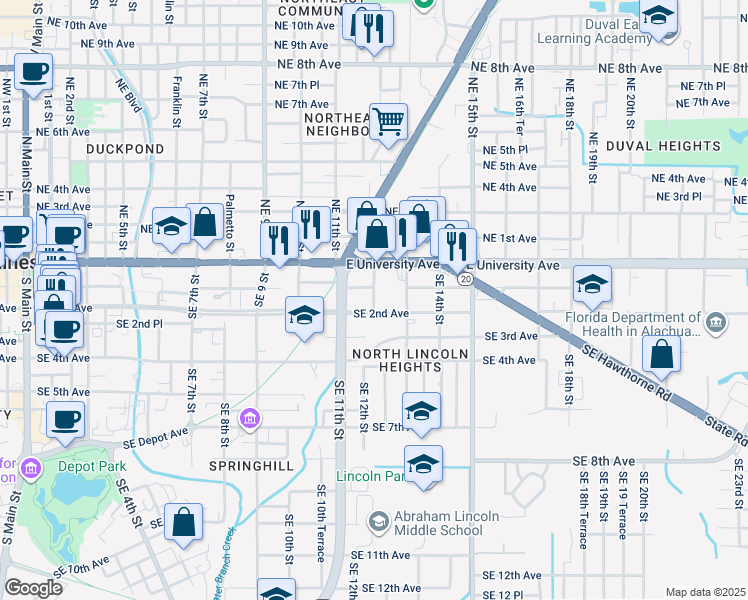 map of restaurants, bars, coffee shops, grocery stores, and more near 1206 SE 2nd Ave in Gainesville