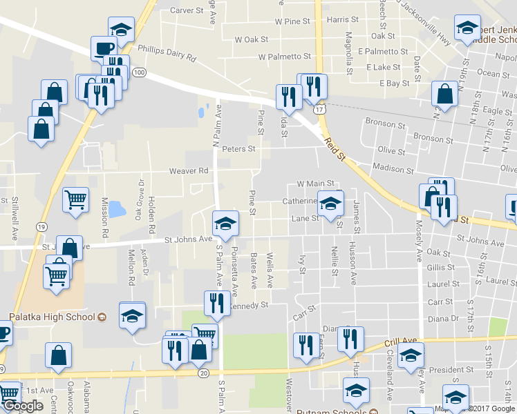 map of restaurants, bars, coffee shops, grocery stores, and more near 2909 Catherine Street in Palatka