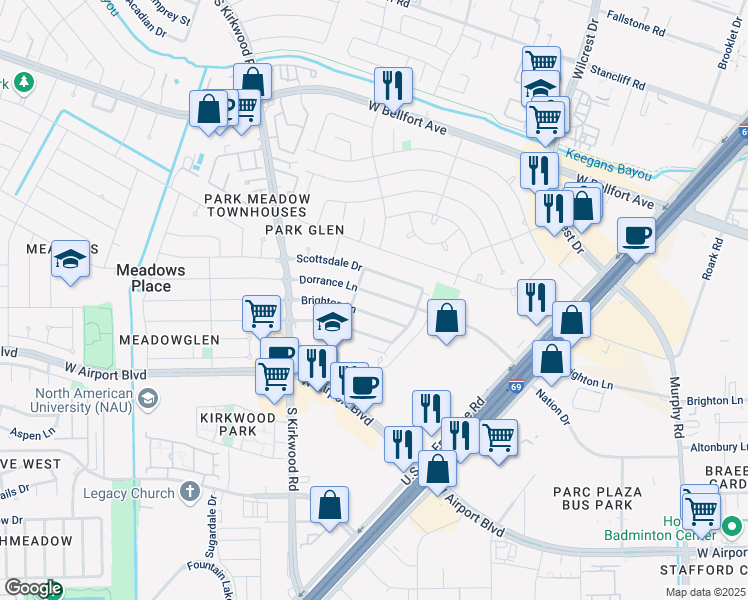 map of restaurants, bars, coffee shops, grocery stores, and more near 11411 Dorrance Lane in Stafford