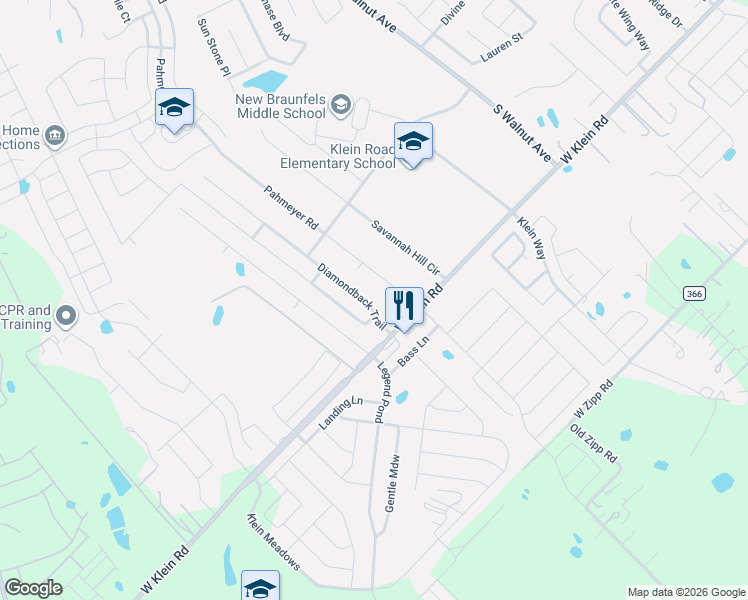 map of restaurants, bars, coffee shops, grocery stores, and more near 2675 Diamondback Trail in New Braunfels