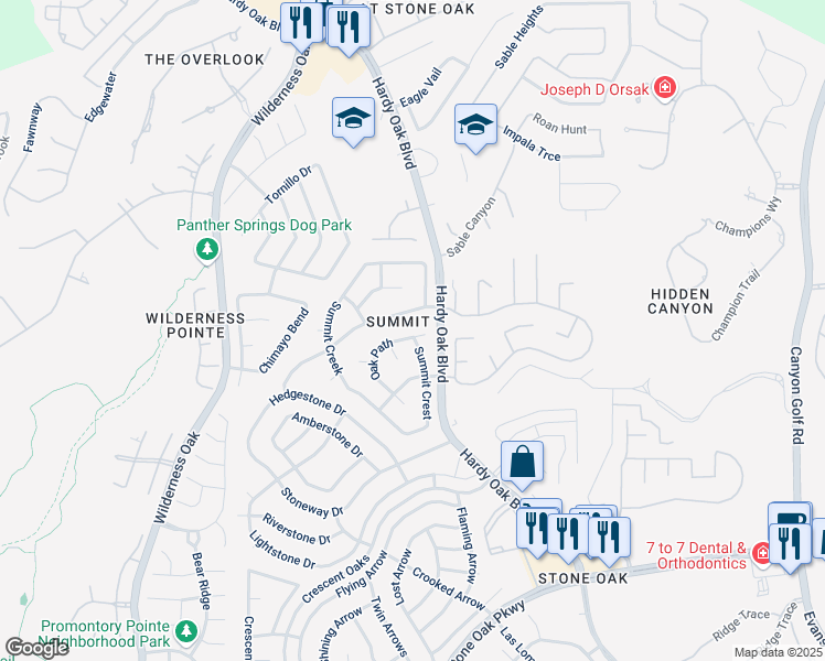 map of restaurants, bars, coffee shops, grocery stores, and more near 1330 Oak Path in San Antonio