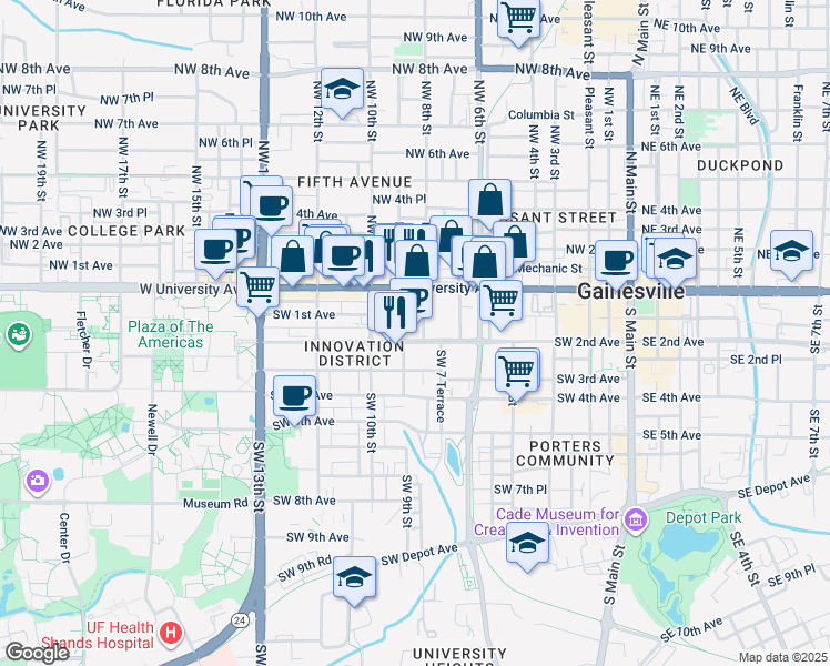 map of restaurants, bars, coffee shops, grocery stores, and more near 800 Southwest 2nd Avenue in Gainesville