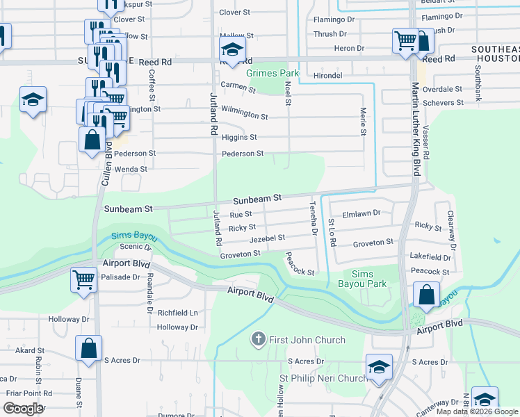 map of restaurants, bars, coffee shops, grocery stores, and more near 5229 Rue Street in Houston