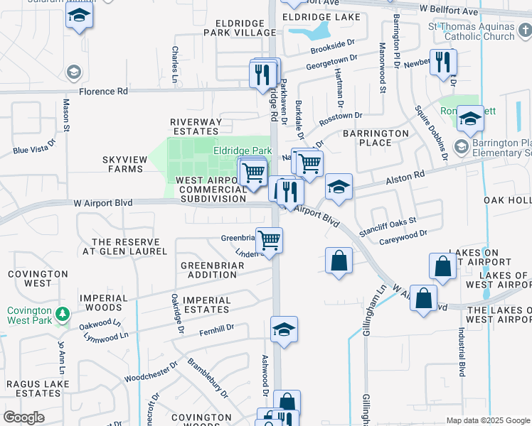 map of restaurants, bars, coffee shops, grocery stores, and more near 2000 Eldridge Road in Sugar Land