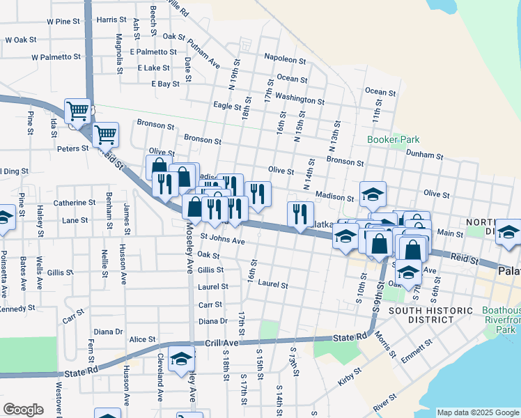 map of restaurants, bars, coffee shops, grocery stores, and more near 222 North 16th Street in Palatka