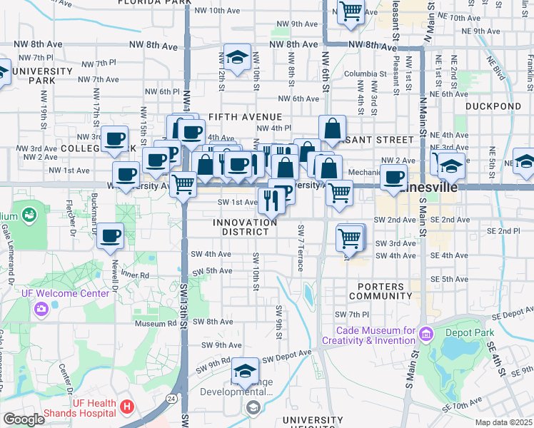 map of restaurants, bars, coffee shops, grocery stores, and more near in Gainesville