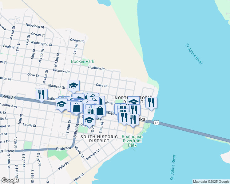 map of restaurants, bars, coffee shops, grocery stores, and more near 412 North 5th Street in Palatka