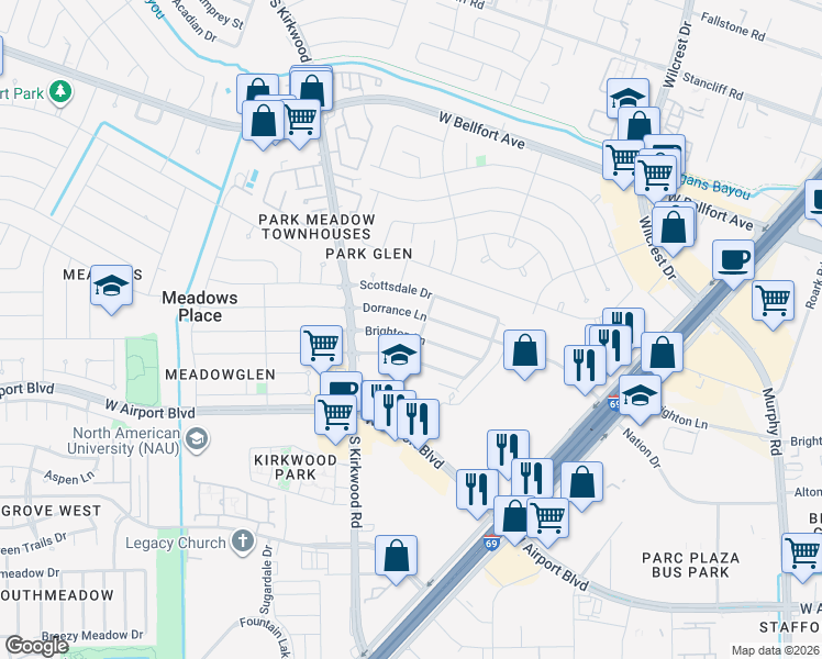 map of restaurants, bars, coffee shops, grocery stores, and more near 11506 Brighton Lane in Stafford