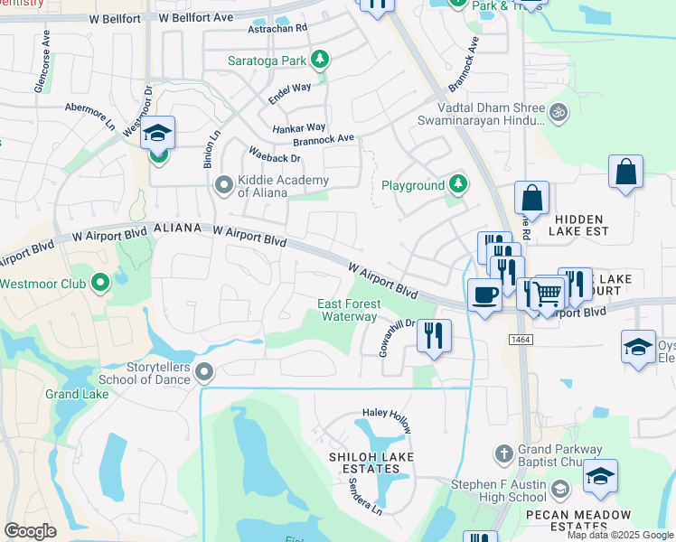 map of restaurants, bars, coffee shops, grocery stores, and more near 17306 Daylamani Drive in Richmond
