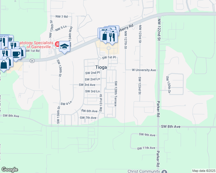 map of restaurants, bars, coffee shops, grocery stores, and more near 323 Southwest 129 Terrace in Newberry