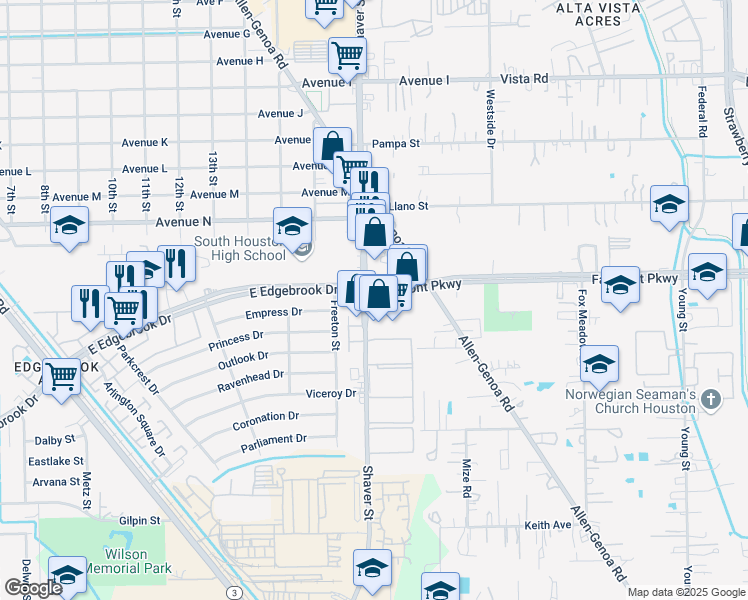 map of restaurants, bars, coffee shops, grocery stores, and more near 3920 Shaver Street in Houston