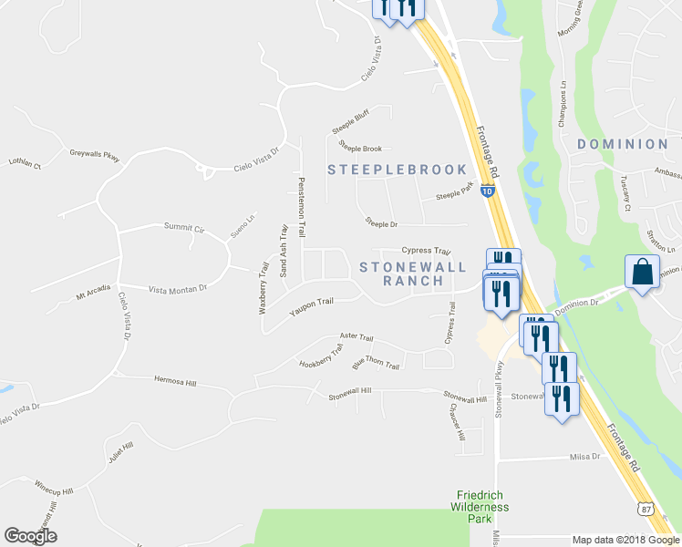 map of restaurants, bars, coffee shops, grocery stores, and more near 75 Stonewall Bend in San Antonio