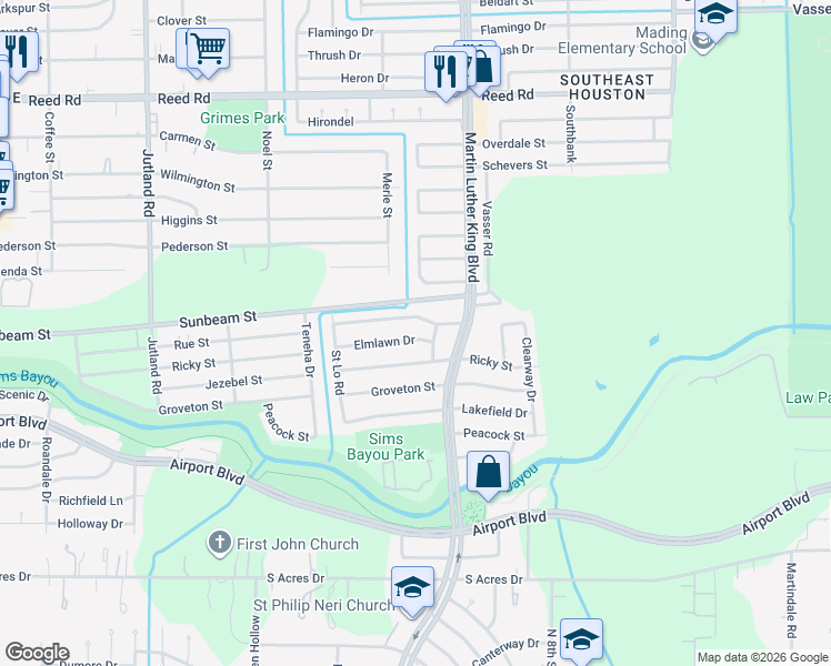 map of restaurants, bars, coffee shops, grocery stores, and more near 5623 Elmlawn Drive in Houston