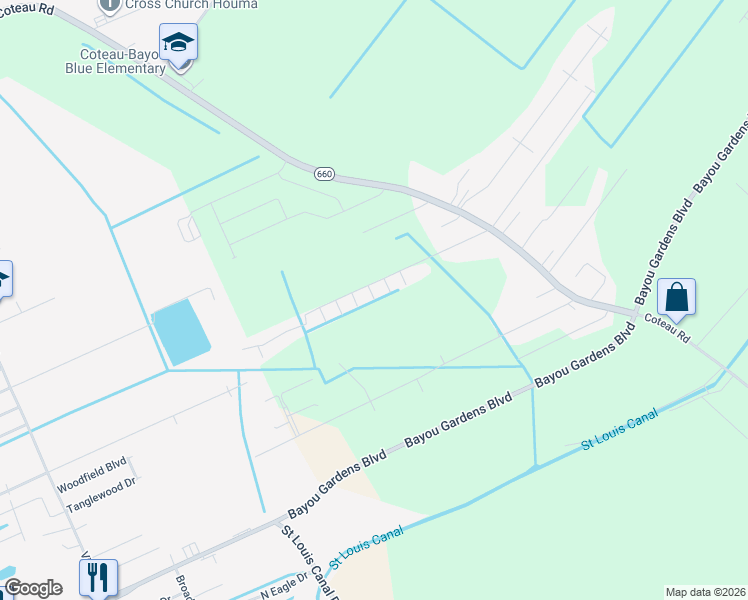 map of restaurants, bars, coffee shops, grocery stores, and more near 98 Angela Court in Houma