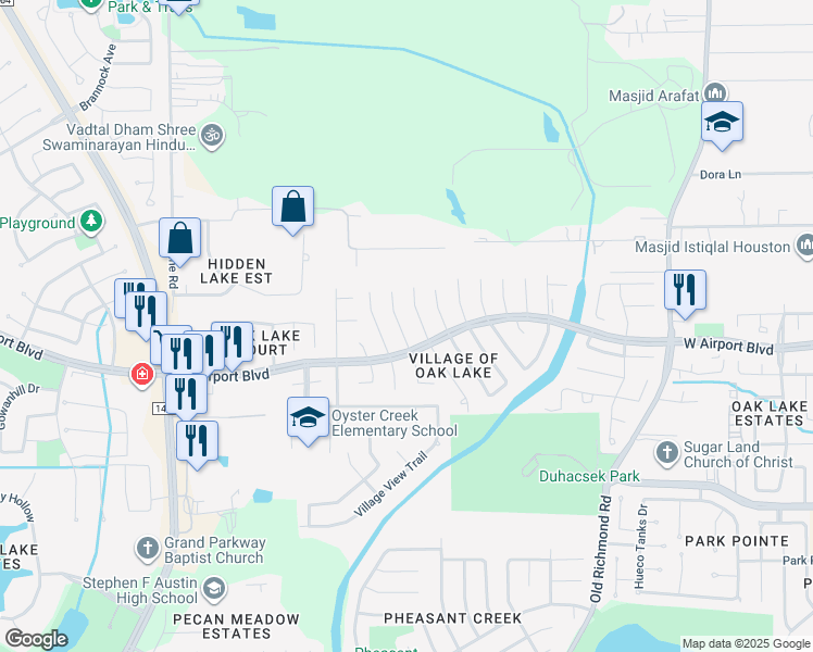 map of restaurants, bars, coffee shops, grocery stores, and more near 16339 Flint Run Way in Sugar Land