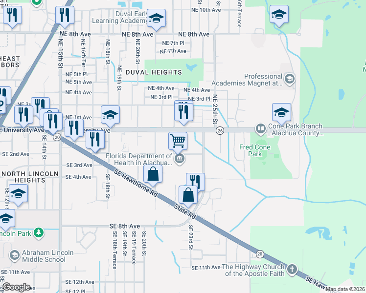 map of restaurants, bars, coffee shops, grocery stores, and more near 2316 Southeast 2nd Avenue in Gainesville