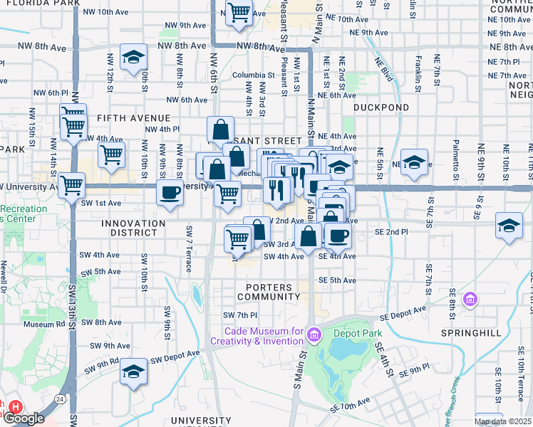 map of restaurants, bars, coffee shops, grocery stores, and more near 230 Southwest 2nd Avenue in Gainesville