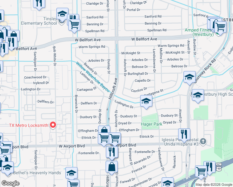 map of restaurants, bars, coffee shops, grocery stores, and more near 5839 Cartagena Street in Houston