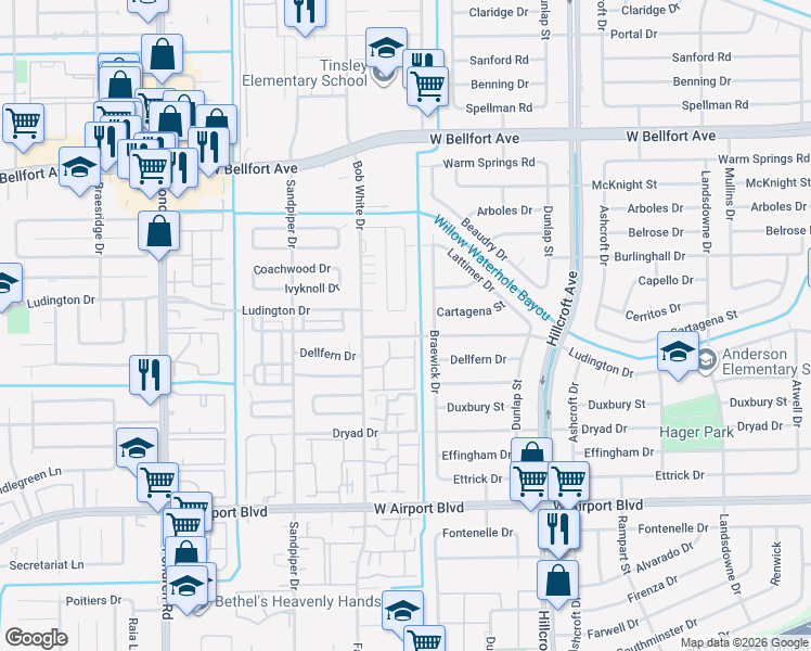 map of restaurants, bars, coffee shops, grocery stores, and more near 6270 Ludington Drive in Houston