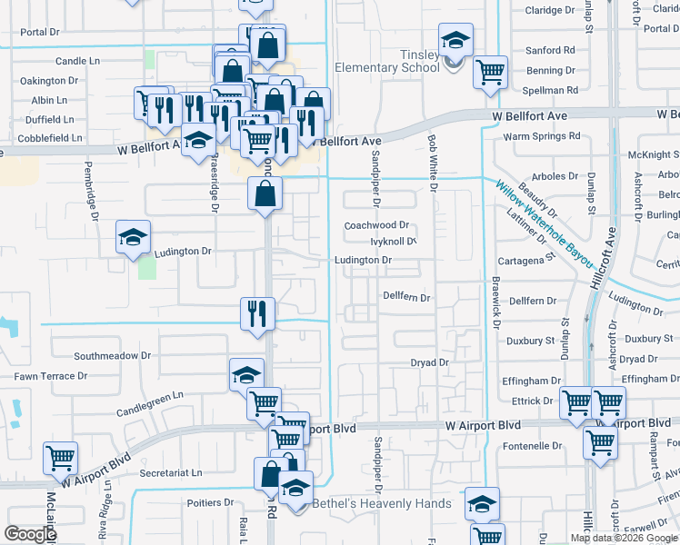 map of restaurants, bars, coffee shops, grocery stores, and more near 6459 Cambridge Glen Lane in Houston