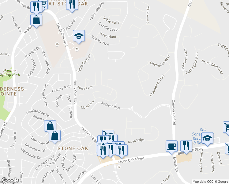 map of restaurants, bars, coffee shops, grocery stores, and more near 515 Mesa Walk in San Antonio