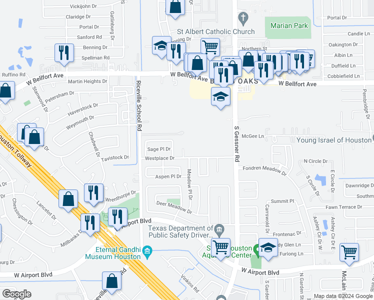 map of restaurants, bars, coffee shops, grocery stores, and more near 11707 Meadow Place Court in Houston