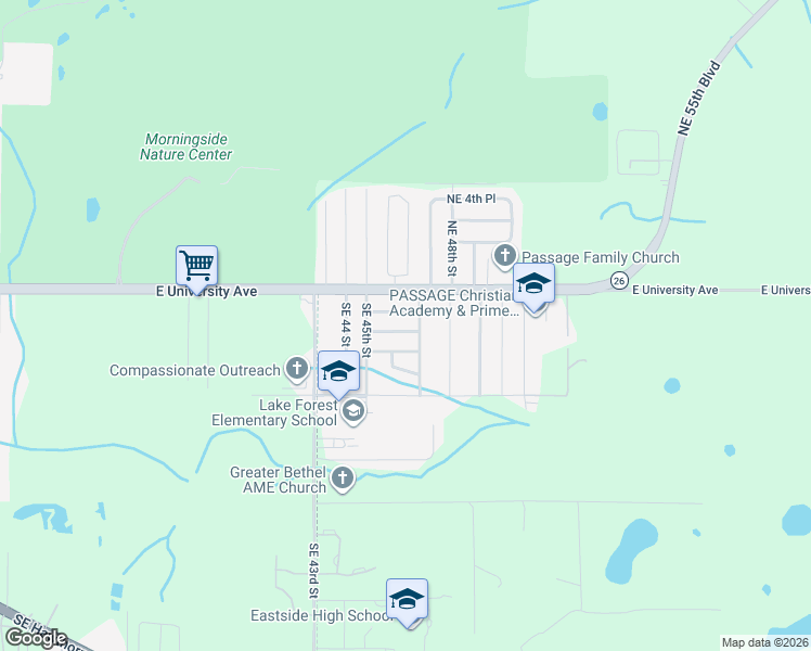 map of restaurants, bars, coffee shops, grocery stores, and more near 4618 Southeast 1st Place in Gainesville