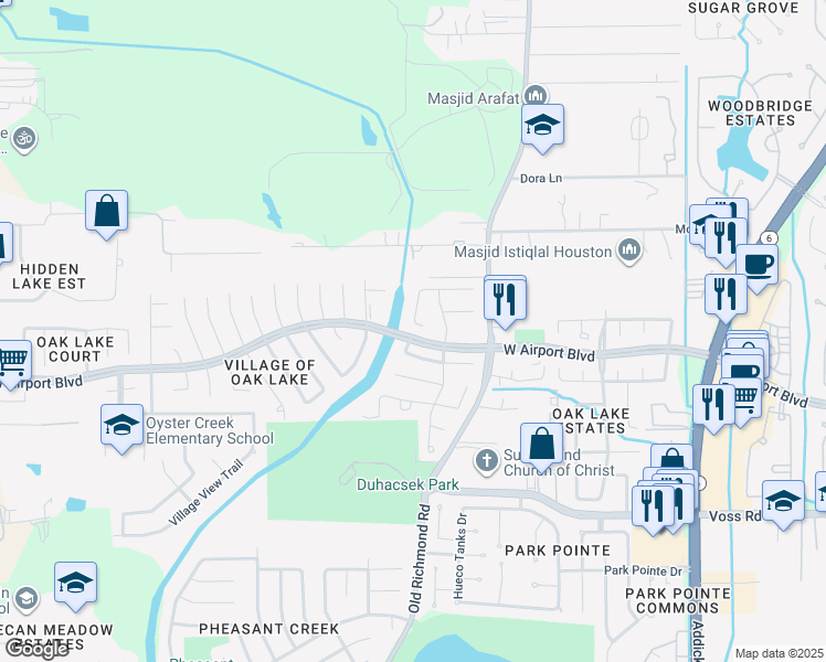 map of restaurants, bars, coffee shops, grocery stores, and more near 16638 Broadoak Grove Lane in Sugar Land