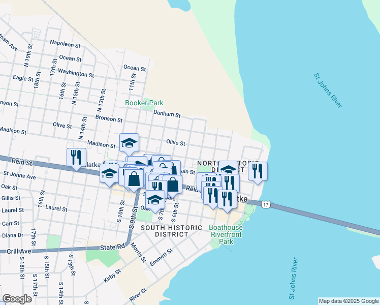 map of restaurants, bars, coffee shops, grocery stores, and more near 412 North 5th Street in Palatka