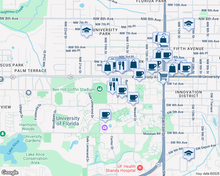 map of restaurants, bars, coffee shops, grocery stores, and more near East West Drive in Gainesville