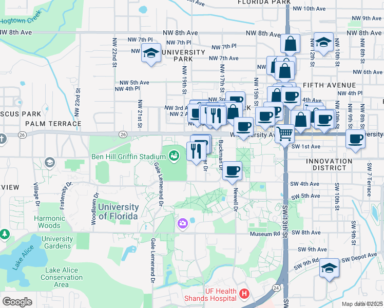 map of restaurants, bars, coffee shops, grocery stores, and more near East West Drive in Gainesville
