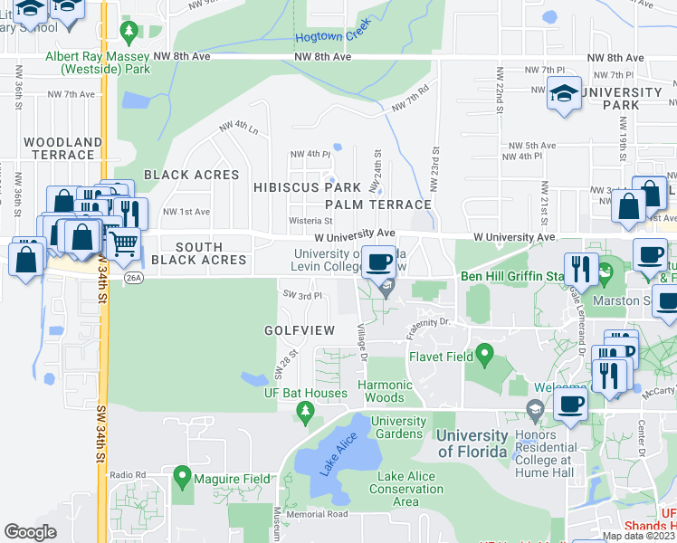 map of restaurants, bars, coffee shops, grocery stores, and more near 2518 Southwest 2nd Avenue in Gainesville