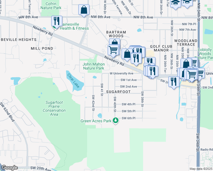 map of restaurants, bars, coffee shops, grocery stores, and more near 204 Southwest 40th Terrace in Gainesville