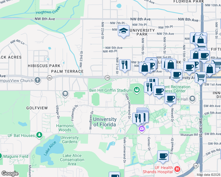 map of restaurants, bars, coffee shops, grocery stores, and more near 250 Gale Lemerand Drive in Gainesville