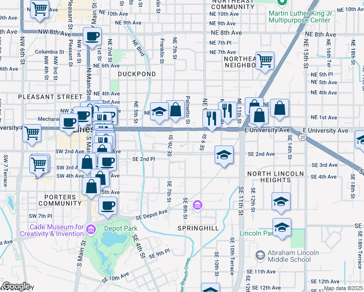 map of restaurants, bars, coffee shops, grocery stores, and more near 110 Southeast 8th Street in Gainesville