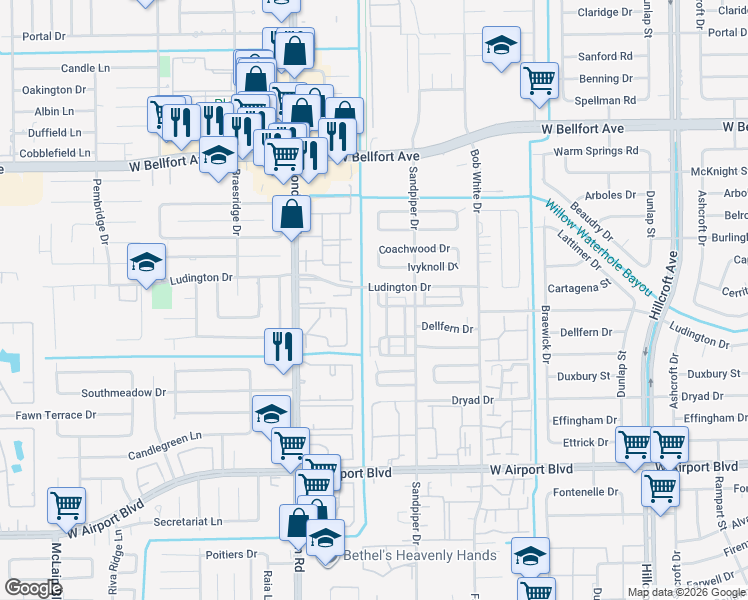 map of restaurants, bars, coffee shops, grocery stores, and more near 6459 Cambridge Glen Lane in Houston