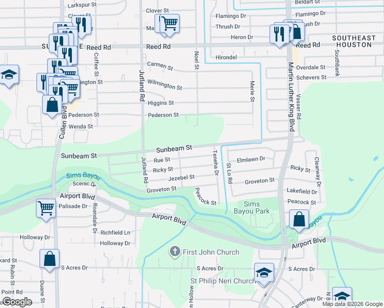 map of restaurants, bars, coffee shops, grocery stores, and more near 5329 Rue Street in Houston