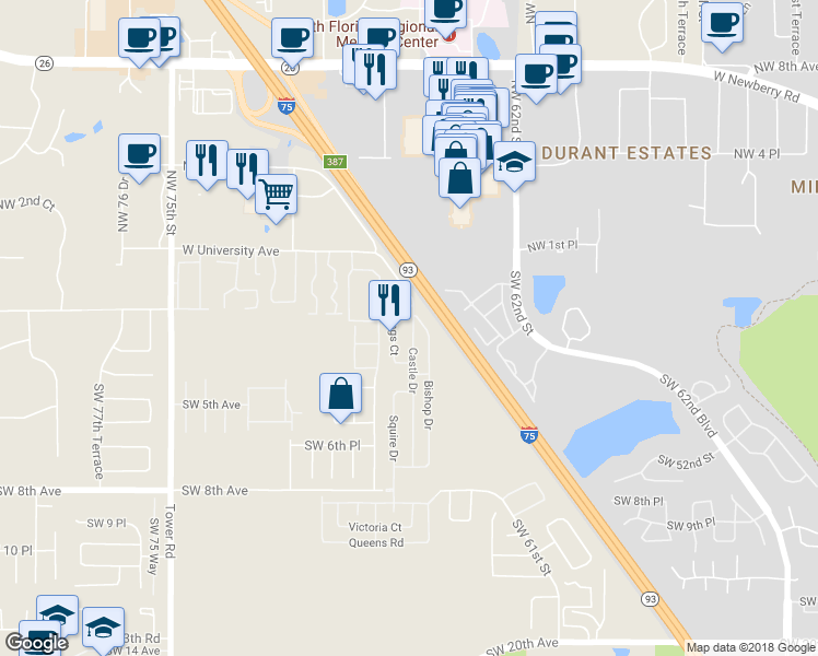map of restaurants, bars, coffee shops, grocery stores, and more near 112 Castle Drive in Gainesville