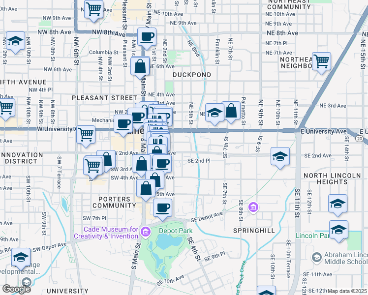 map of restaurants, bars, coffee shops, grocery stores, and more near 401 Southeast 1st Avenue in Gainesville