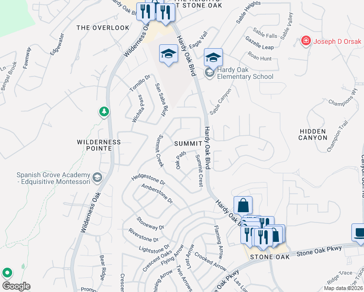 map of restaurants, bars, coffee shops, grocery stores, and more near 27002 Granite Path in San Antonio