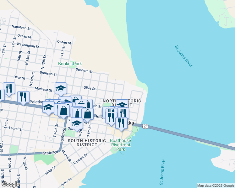 map of restaurants, bars, coffee shops, grocery stores, and more near 313 Olive Street in Palatka